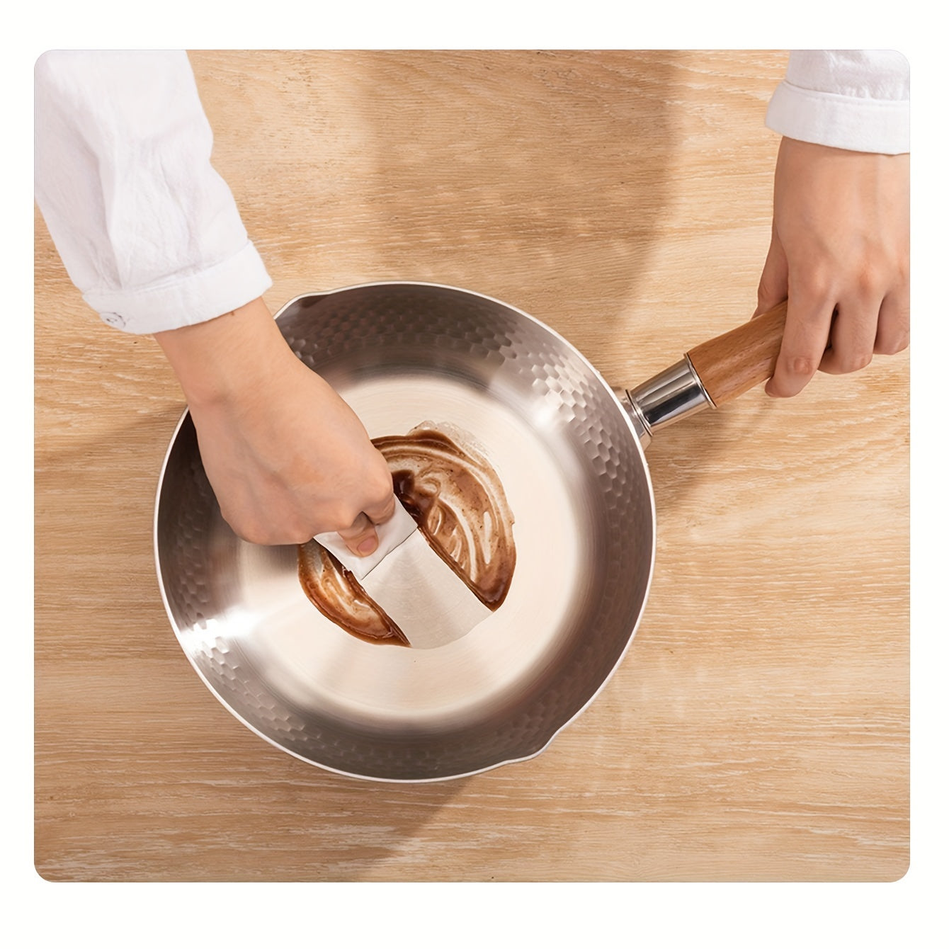Small Stainless Steel Soup Pot 304 Brushed Finish Induction Compatible Wooden Handle
