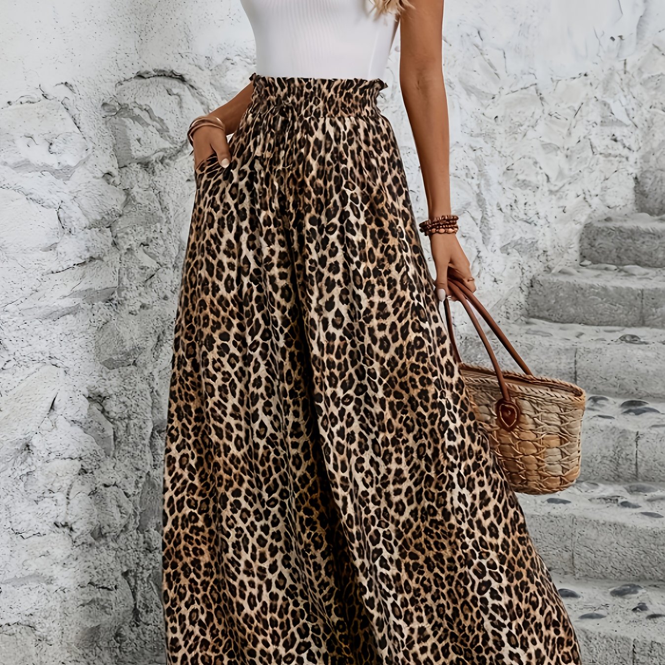 Plus Size Leopard Print Wide-Leg Pantskirt with Pockets and Elastic Waist