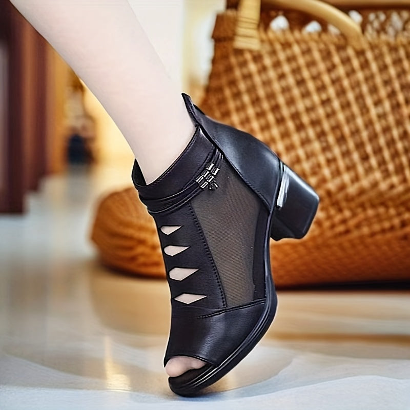 Women's Summer Ankle Boots Peep-Toe Chunky Heel Black White PU