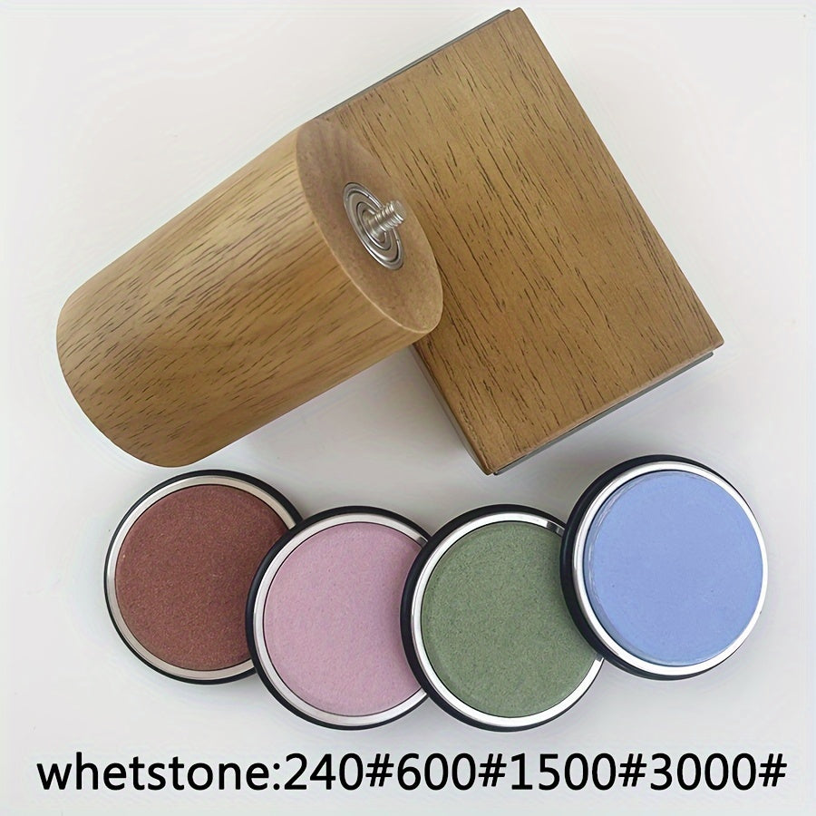 Wooden knife sharpener with diamond sharpening stone, uncharged magnetic rolling system, adjustable angle with rollers, kitchen grinding tool accessory.