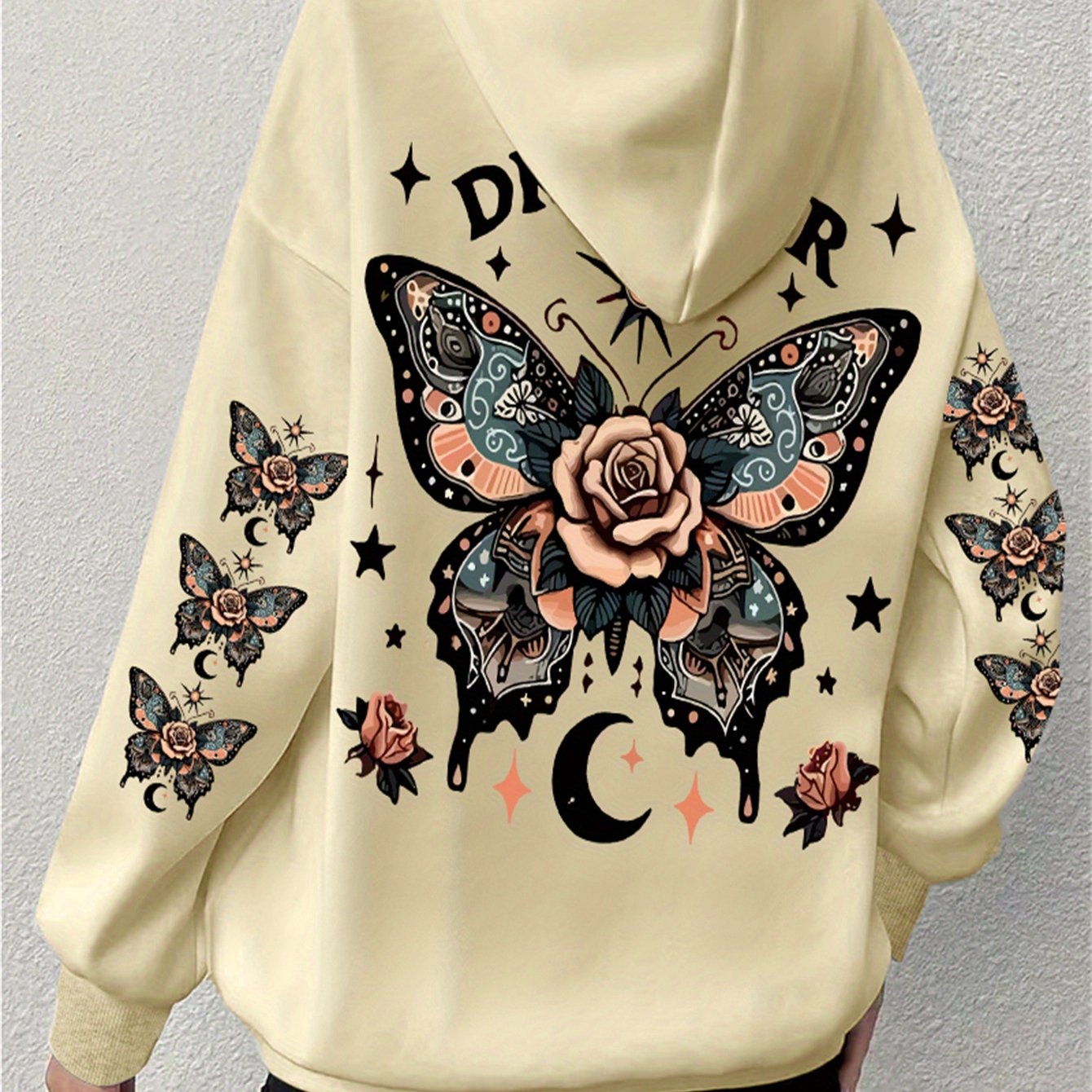Толстовка с принтом бабочки и регулируемым капюшоном, длинные рукава, повседневная толстовка для осени и зимы