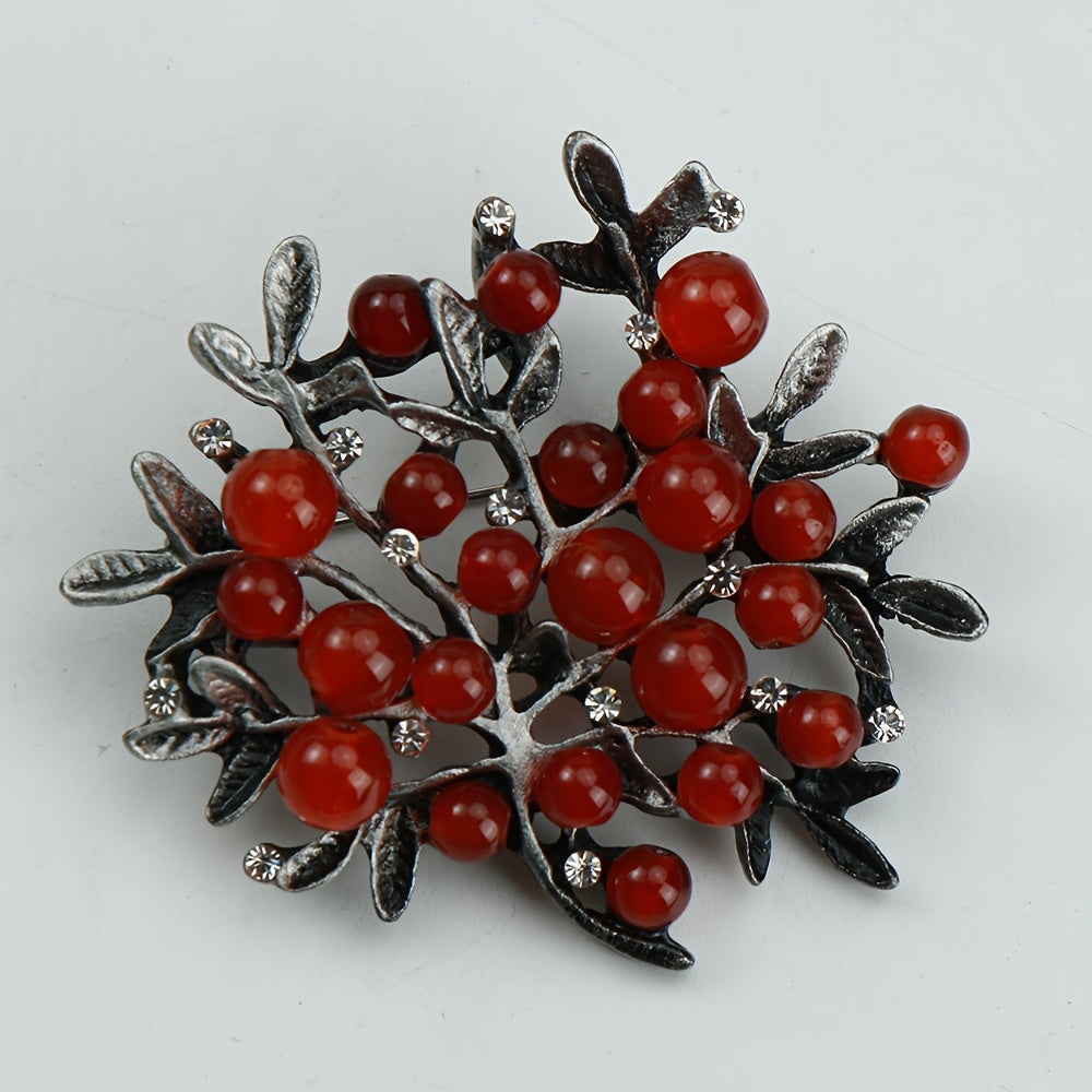 Vintage Berry Branch Brooch Rhinestone Lapel Pin for Suits and Sweaters