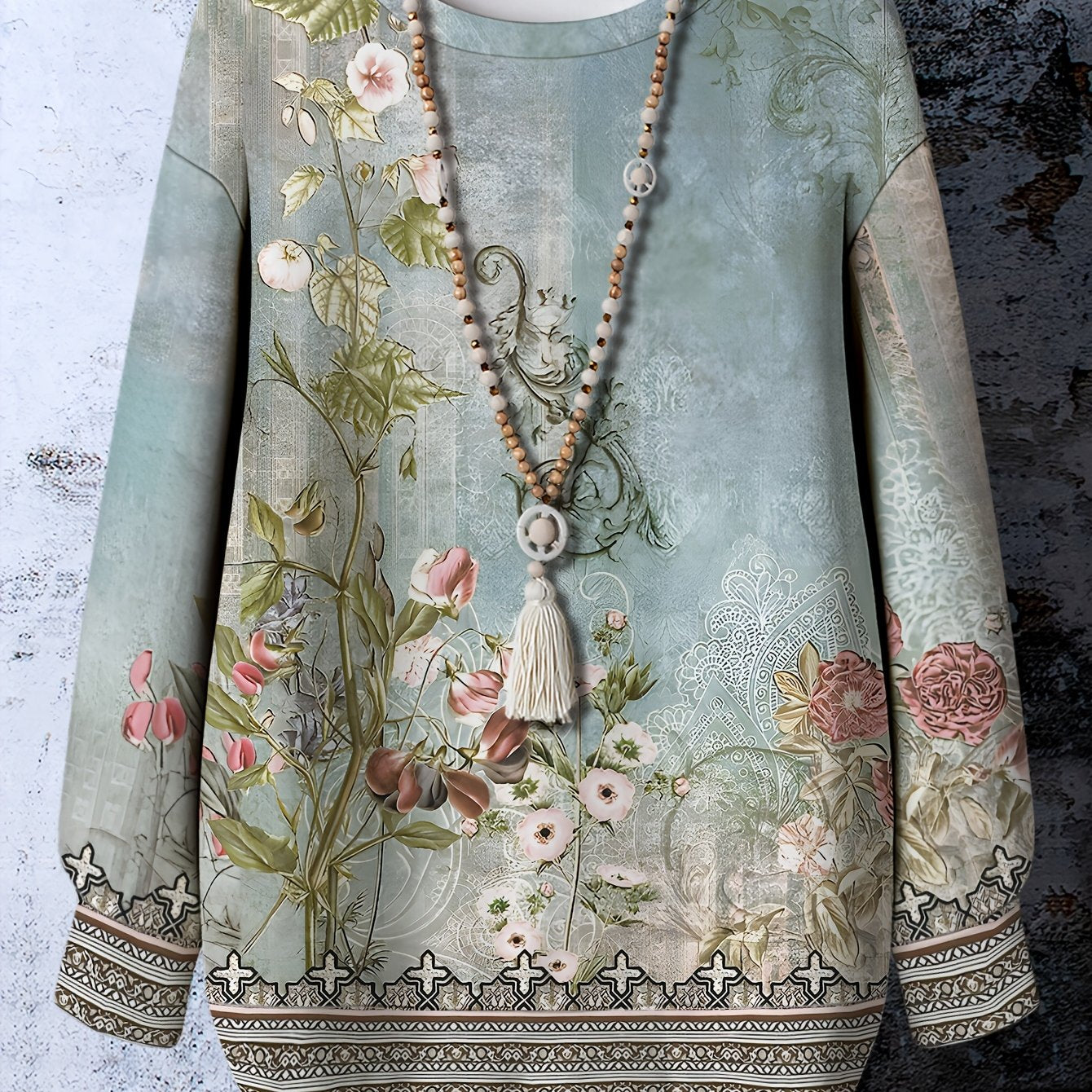 Plus Size Women's Crew Neck Sweatshirt Polyester Knit Floral Embroidery All-Season