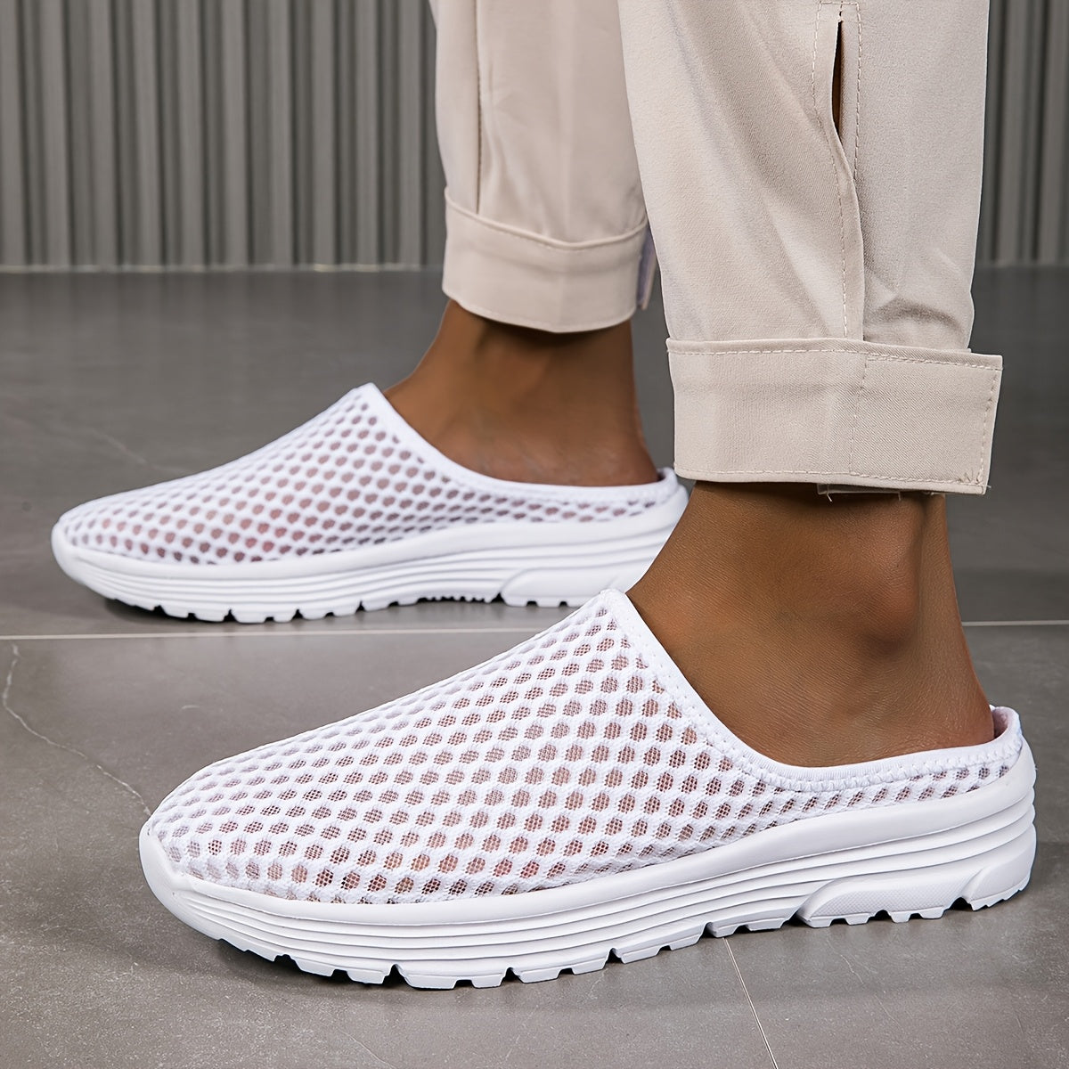 Women's Mesh Slip-On Mules White Hollow Out Lightweight Comfortable Shoes