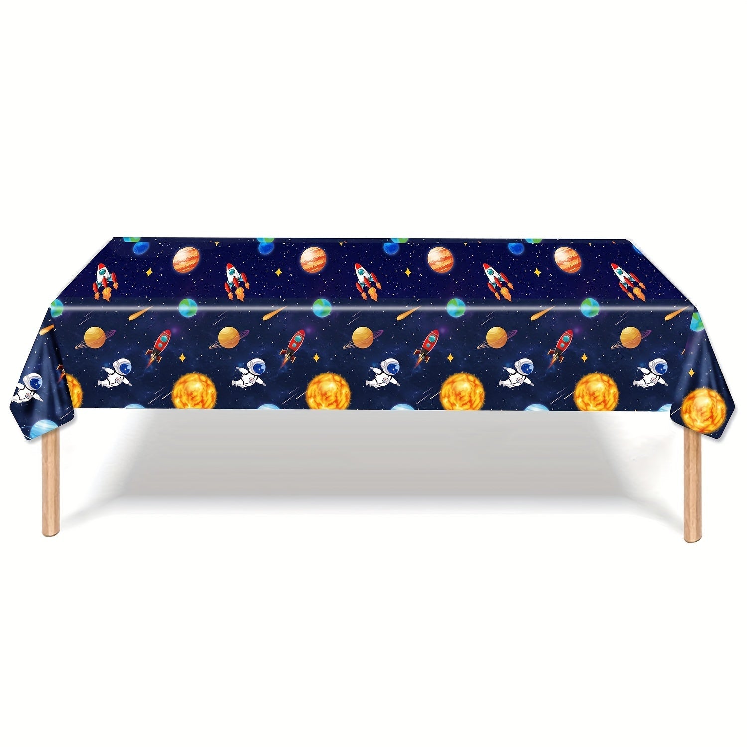 Kosmonavt va sayyoralar dizayni bilan bir marta ishlatiladigan stol qopqog'i, kosmik mavzuli partiyalar uchun ideal. To'rtburchaklar shakli bilan plastmassadan tayyorlangan.