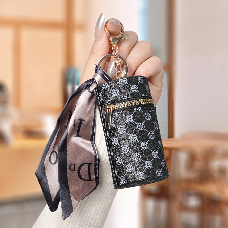 Faux Leather Lipstick Holder Keychain with Ring for Women, Retro Geometric Design, Valentine's Day Gift