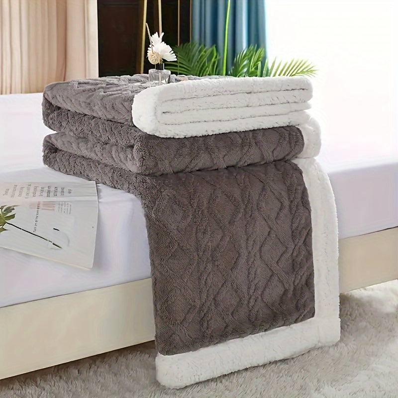 Reversible Sherpa Fleece Blanket for Sofa Bed Cozy Warm Embossed Taffeta Throw