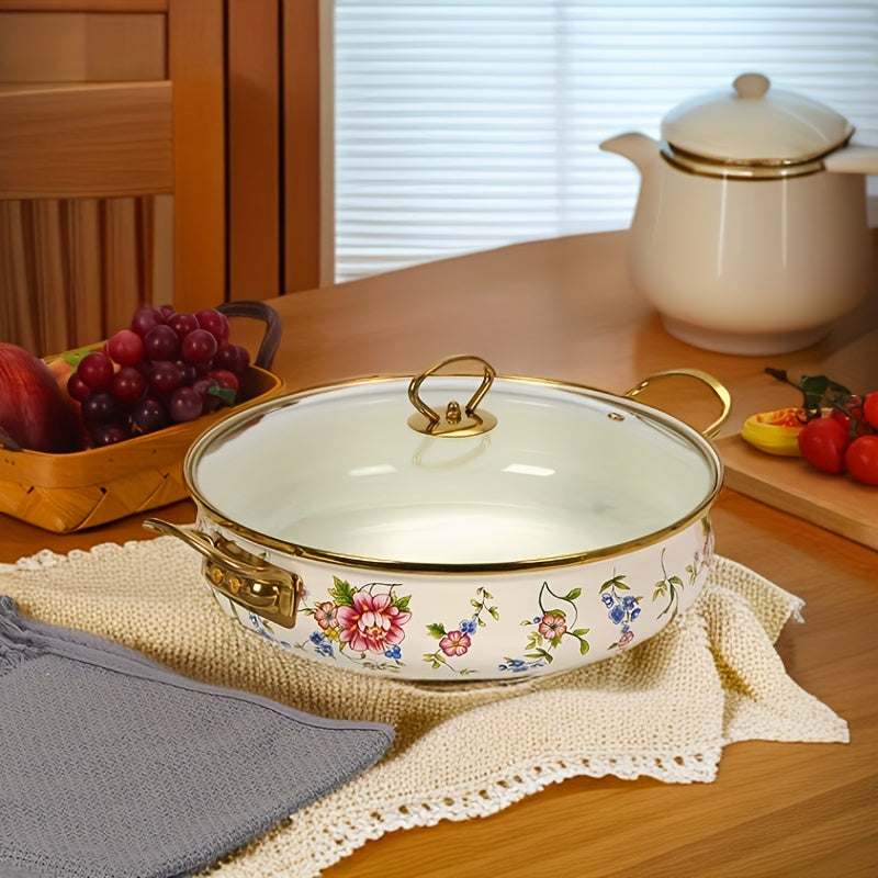 Enamel Porcelain Plate Set Three Flower Colors Golden Borders Kitchen Decor