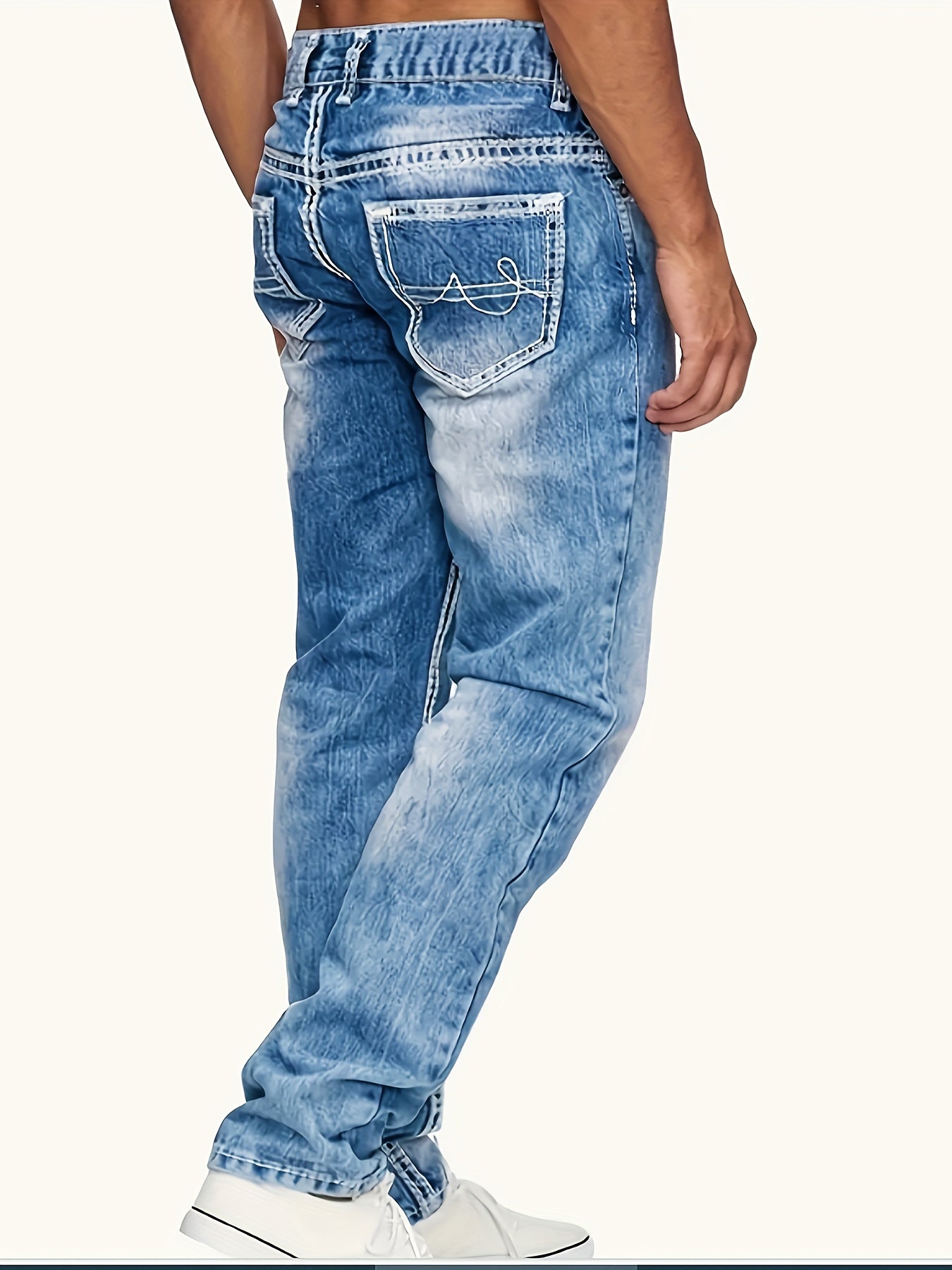 Men's Plus Size Washed Blue Denim Jeans with Stretch Pockets Casual All-Season