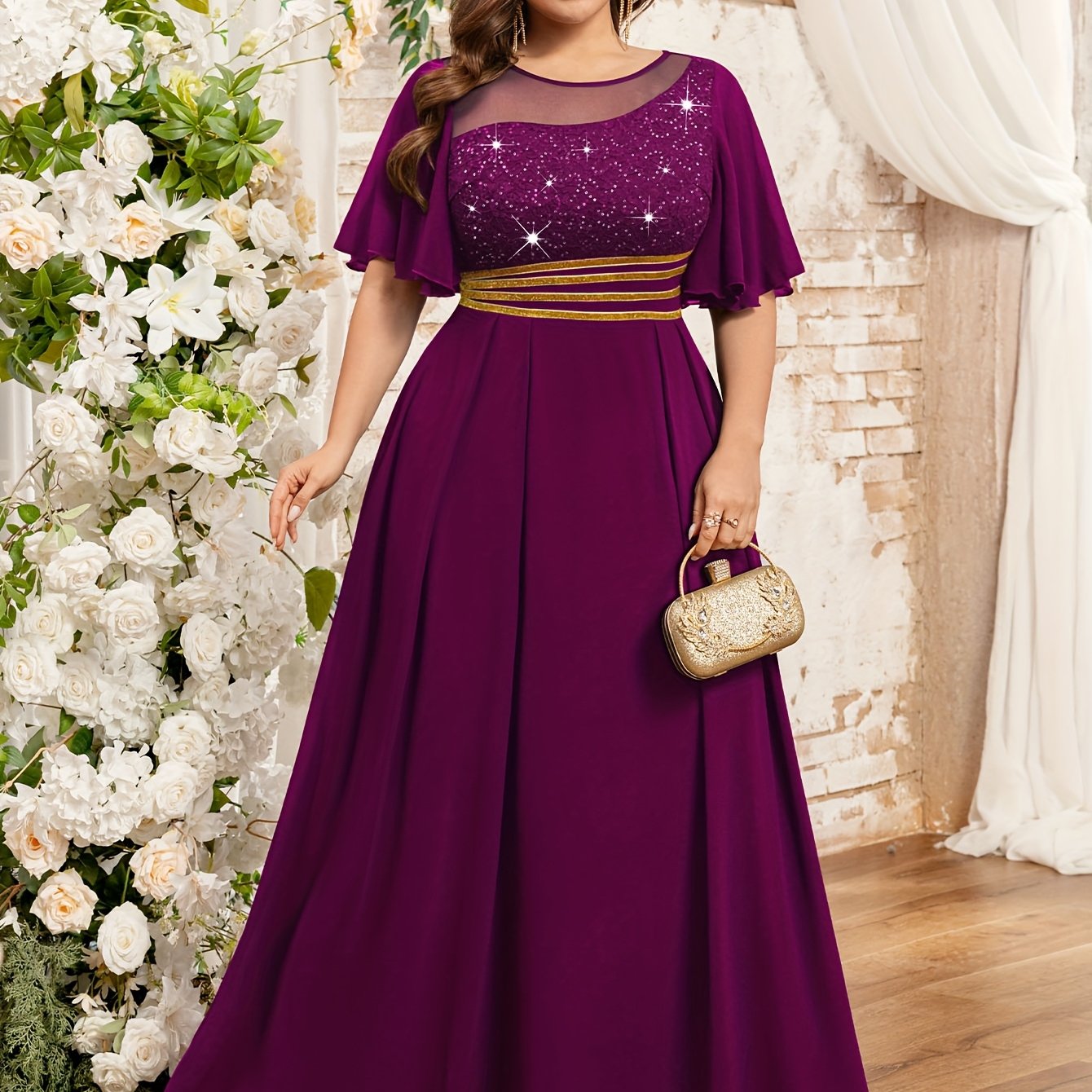 Plus Size Women's Mauve Lace Beaded Formal Floor-Length Dress for Weddings