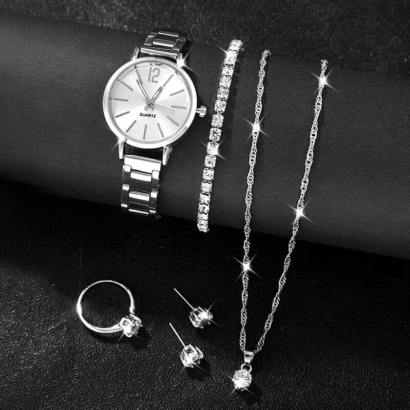 Women's Quartz Watch with Stainless Steel Band and Synthetic Gemstone Jewelry Set