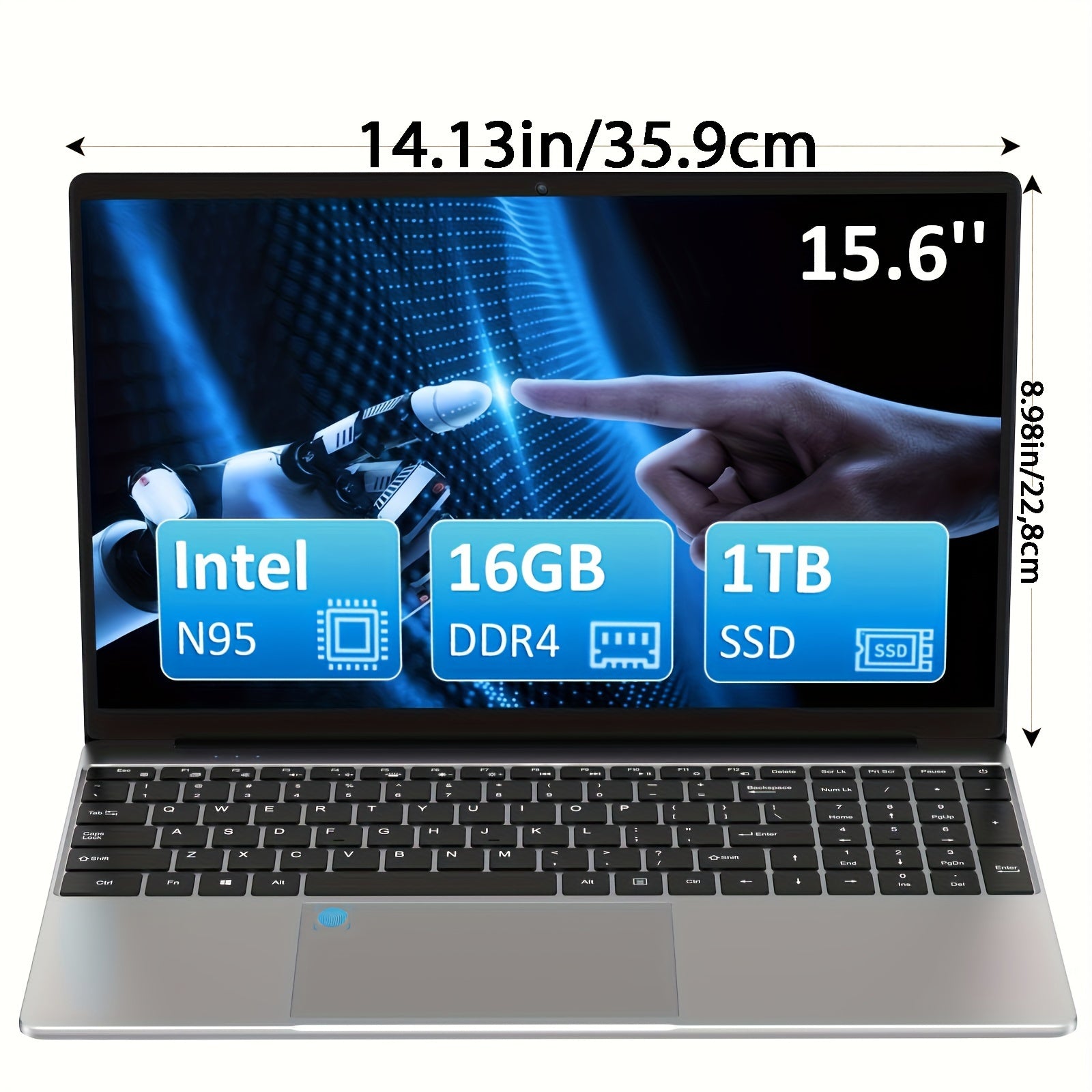 15.6 Inch FHD IPS Laptop with 16GB RAM 1TB SSD Intel 12th Gen N95 WiFi 5G Backlit Keyboard