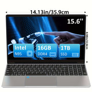 15.6 Inch FHD IPS Laptop with 16GB RAM 1TB SSD Intel 12th Gen N95 WiFi 5G Backlit Keyboard