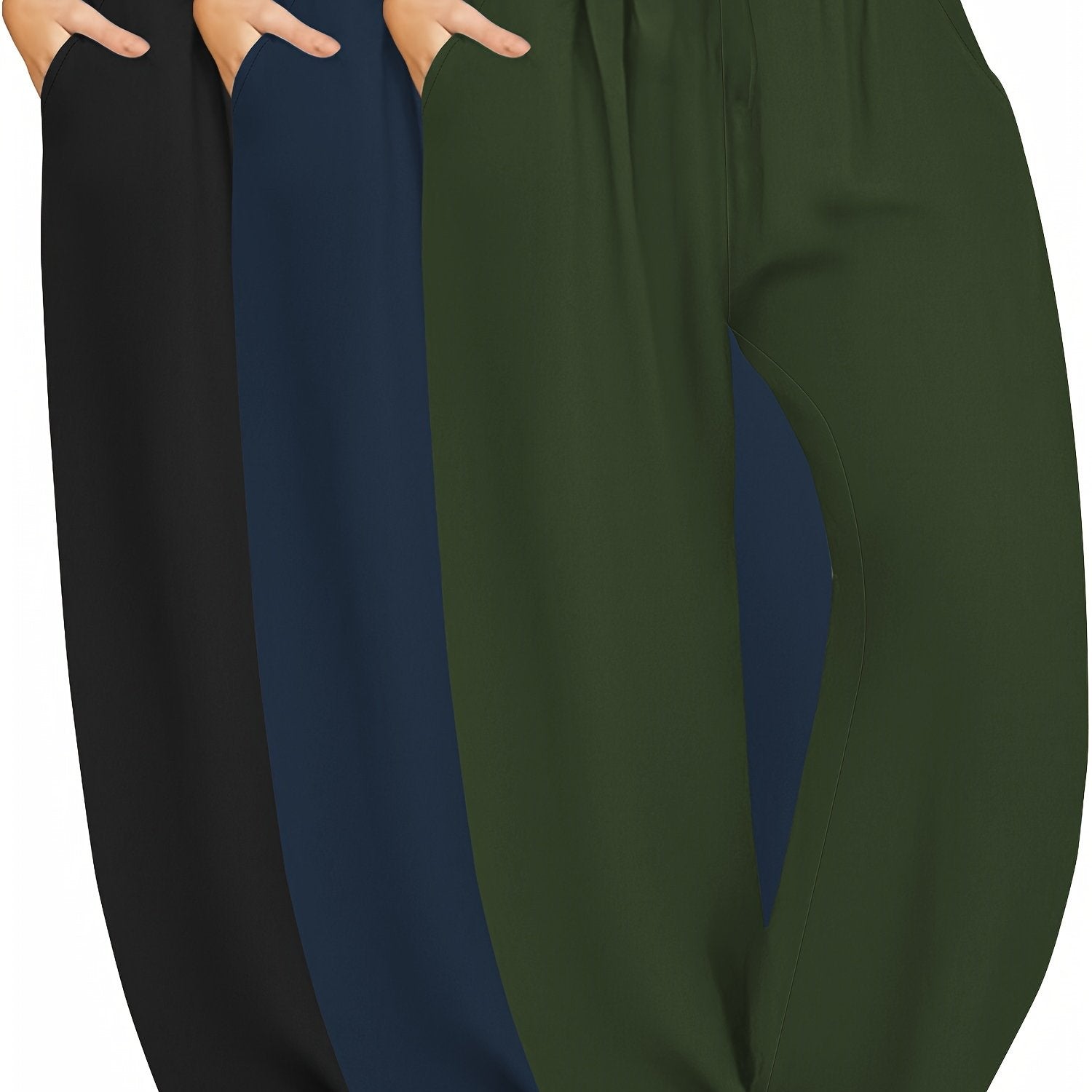 Plus Size High Waist Wide Leg Pants with Pockets and Drawstring in Solid Color 3-Pack