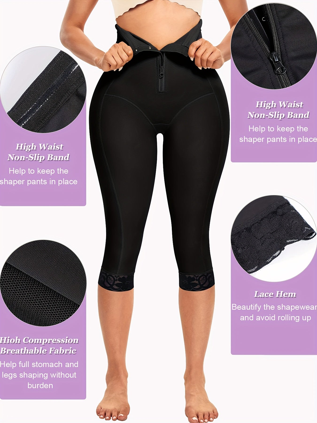 Women's High-Waisted Shapewear Capris with Ruffle Neckline Tummy Control Butt Lift