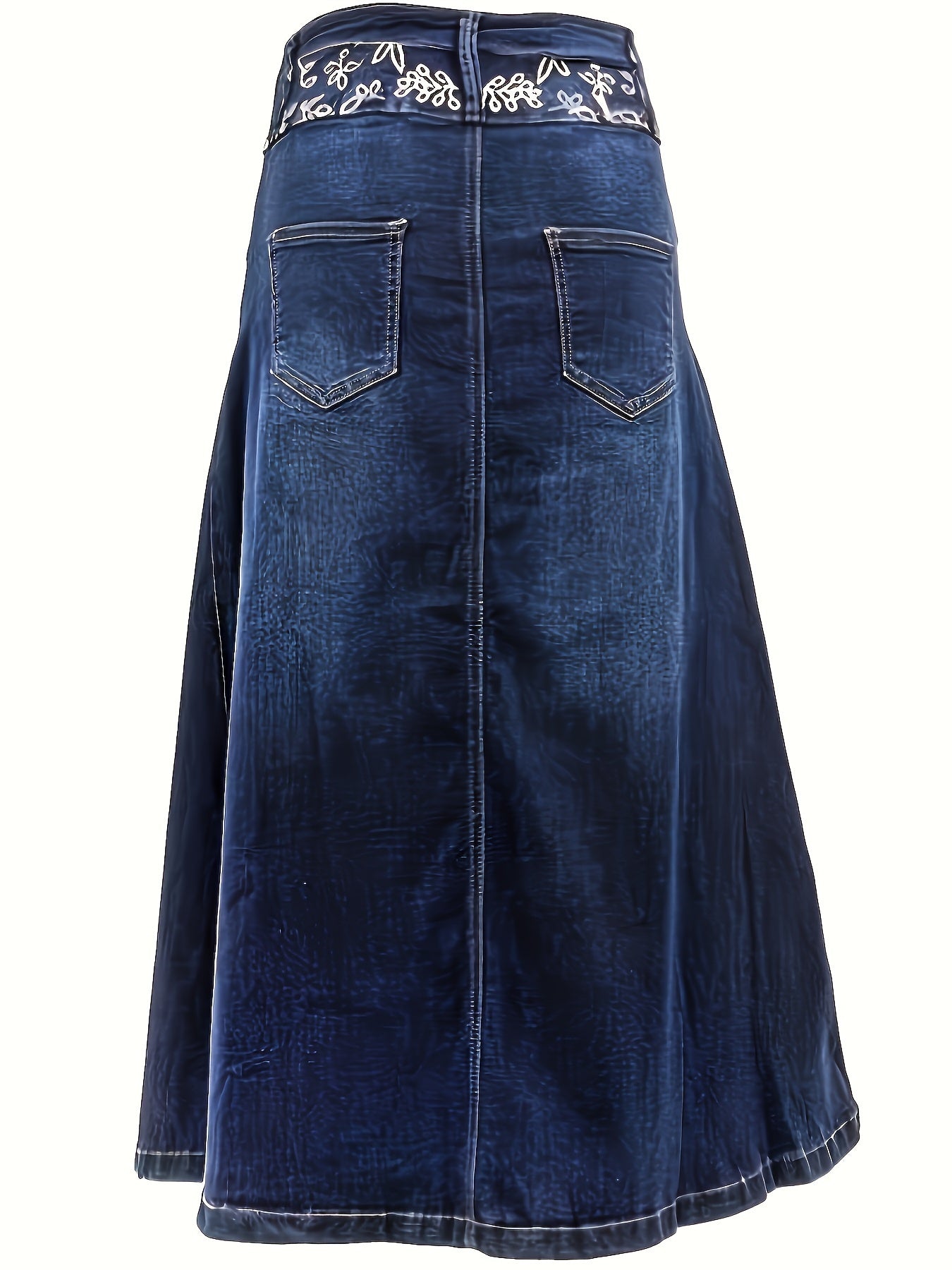 Women's Plus Size Blue Stretch Denim A-Line Midi Skirt With Button Details