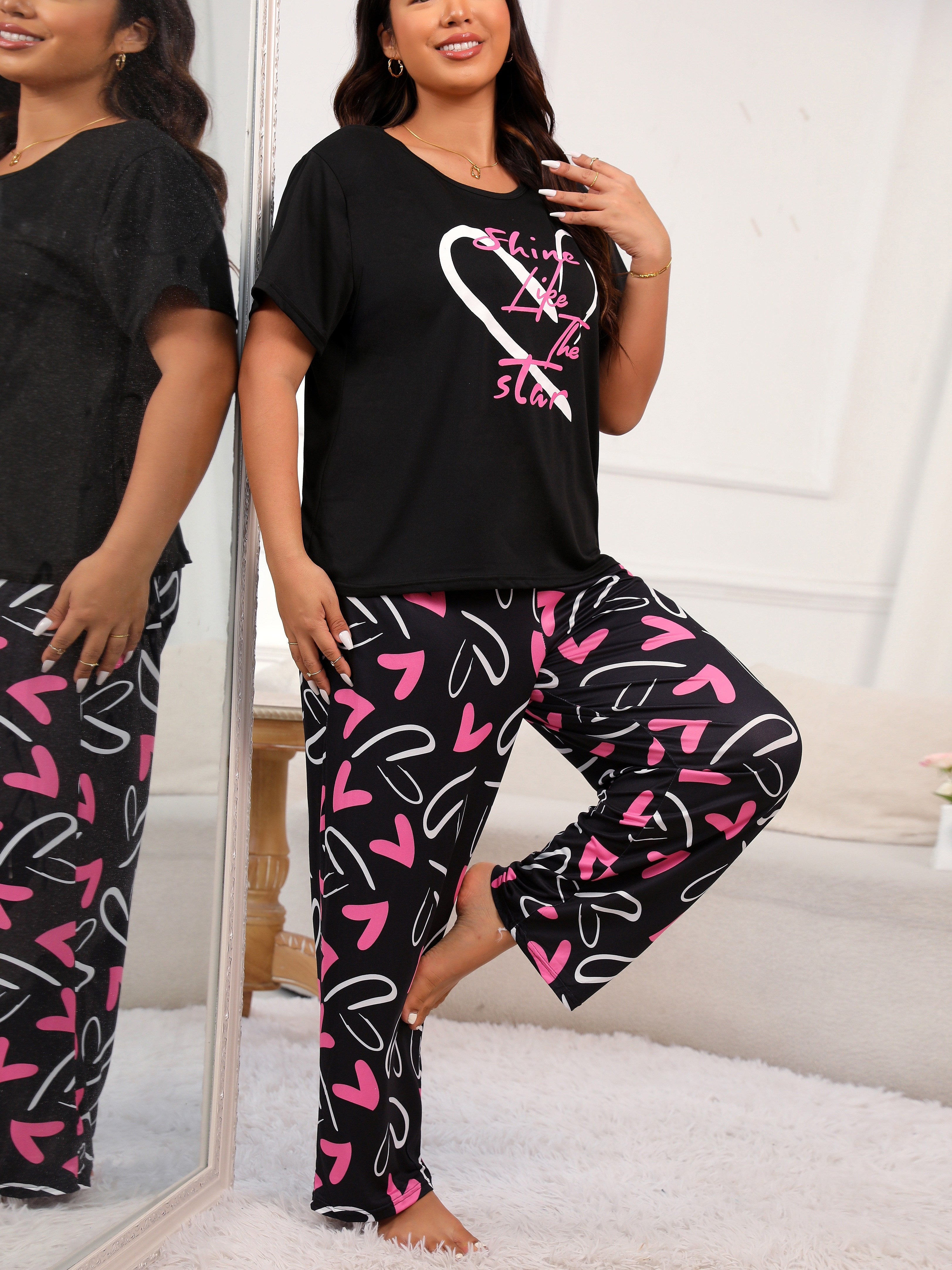 Plus Size Women's Pajama Set Soft Polyester Heart Letter Print Black Pink Loungewear