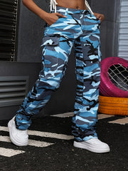 Women's Large Size Camouflage Elastic Stitching Straight Denim Jeans