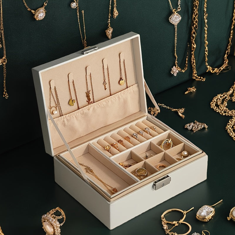 Yolgʻon charm bilan qulflangan ayollar aksessuarlari uchun ikki qavatli tashkilotchi bilan charm o‘ymakorlik qutisi