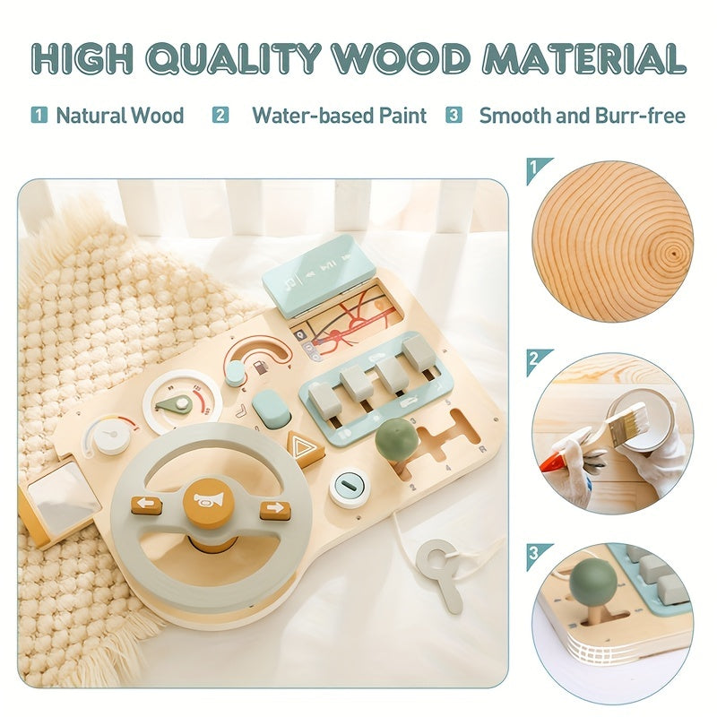 Wooden Busy Board Toy for Kids Age 18 Months Plus with Vehicle Sign Recognition and Motor Skills Development in Light Green Blue Yellow