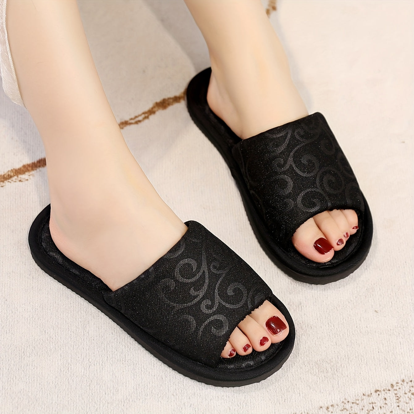 Women’s Vintage Open Toe Indoor Slippers Fabric Flat Heel All-Season