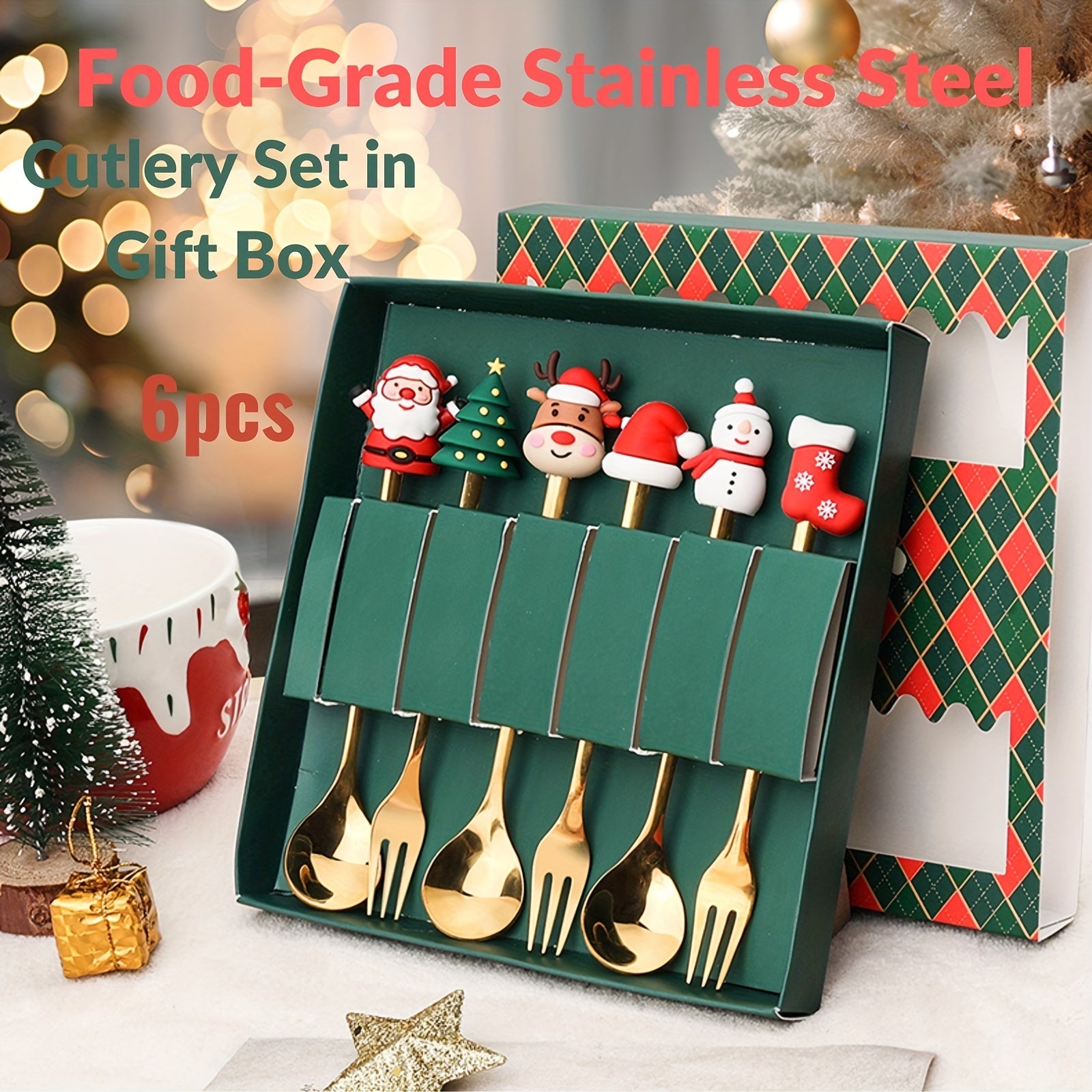 Christmas Themed Stainless Steel Cutlery Set 4 or 6 Pieces Gift Box for Desserts and Coffee