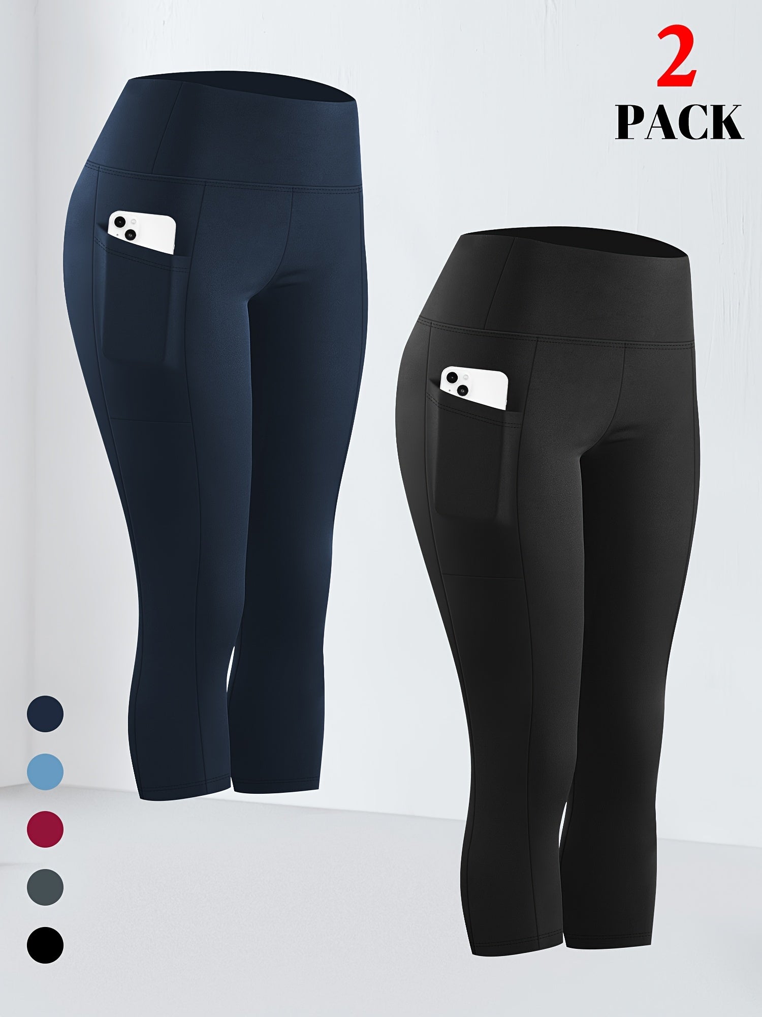 Pack de 2 leggings de cintura alta para mujer talla grande con bolsillos, elásticos, azul y negro