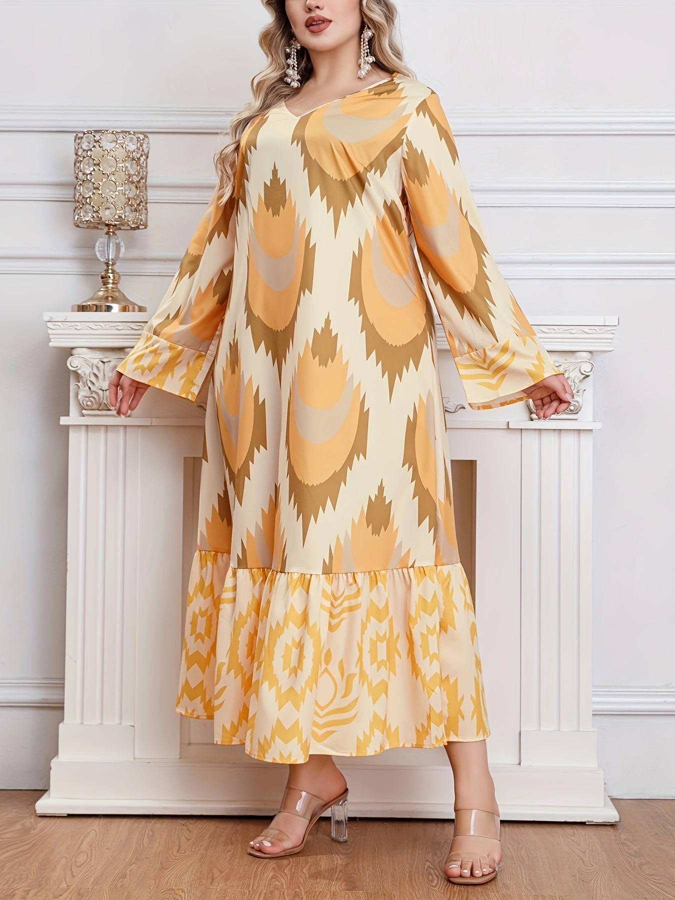 Women's Plus Size Geometric Pattern Kaftan Dress V Neck Long Sleeve