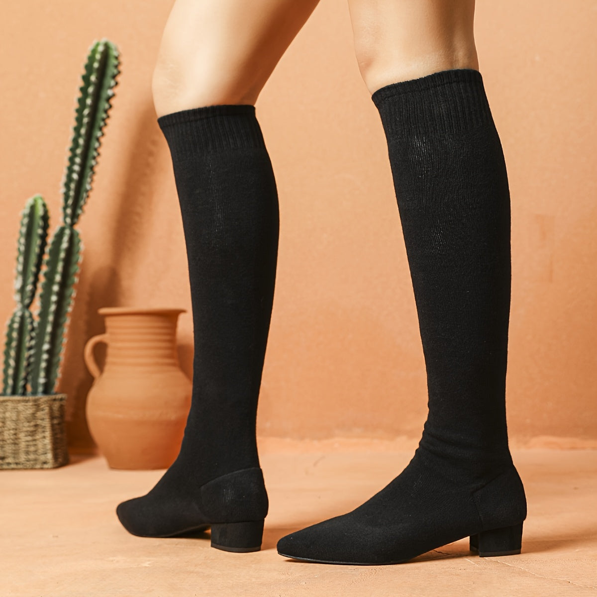 Women Knit Over-The-Knee High Heel Boots with Chunky Block Heel