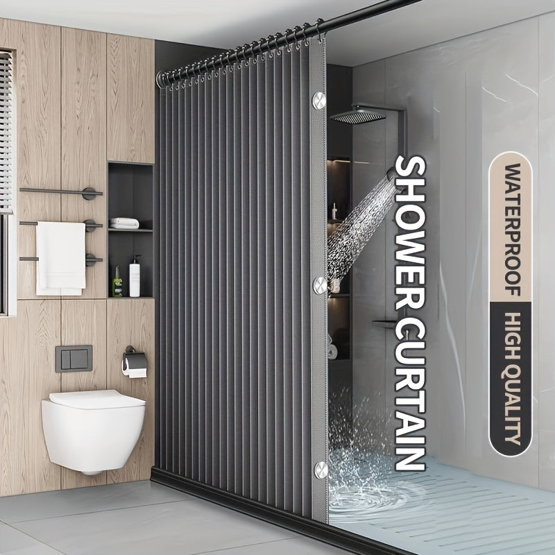 Suv o'tkazmaydigan kulrang egiluvchan dush pardasi, magnit bog'ich bilan, polyester to'lqin ekrani, qora ilgichlar kiritilgan, barcha mavsumlar uchun mashinada yuvish mumkin.