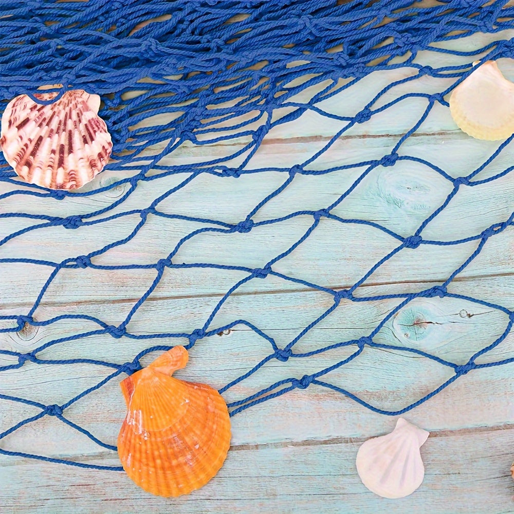 Nautical Blue Fishing Net Wall Decor with Seashells for Ocean-Themed Events