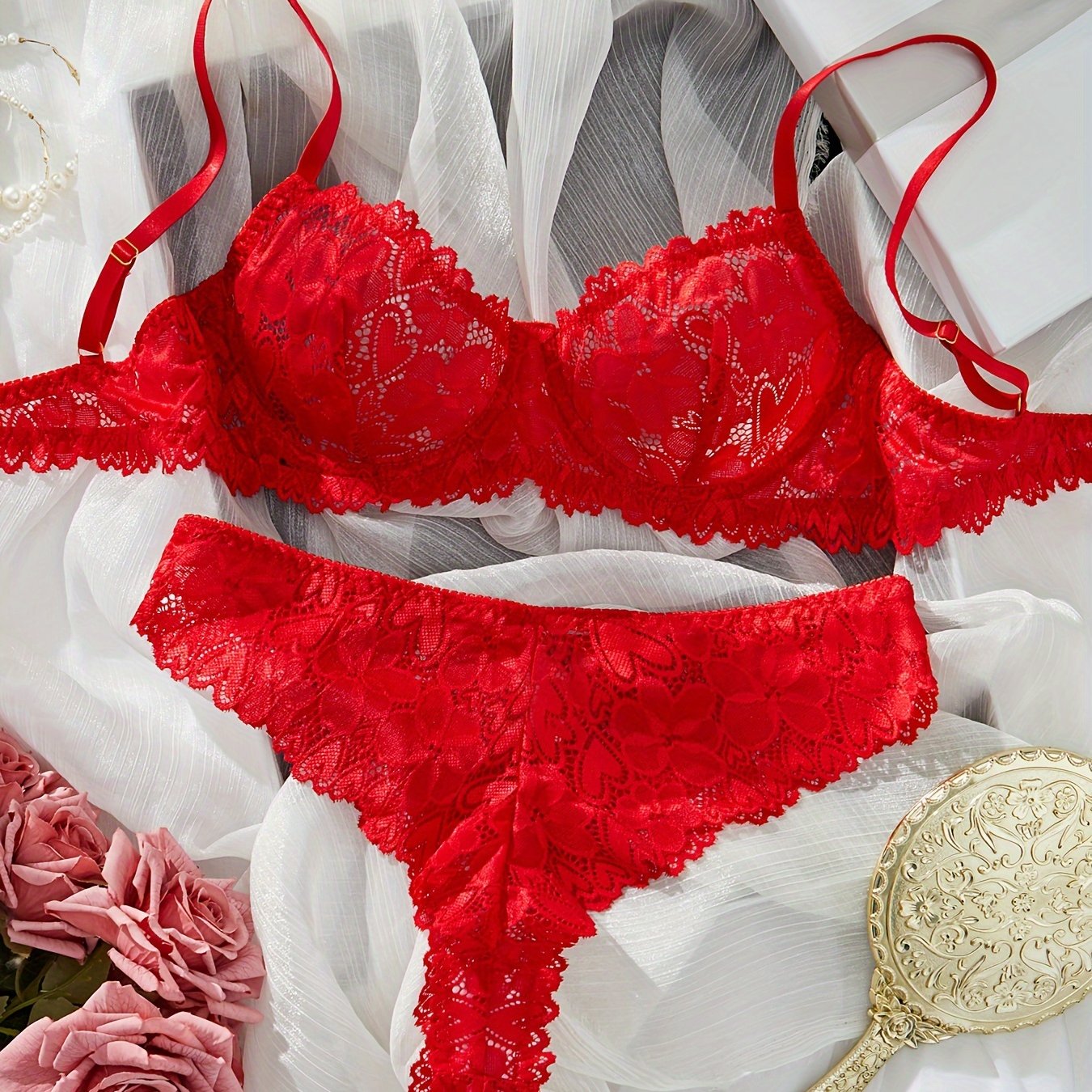 Women's Lingerie Set Satin Lace Bra and Panty Pack of 2