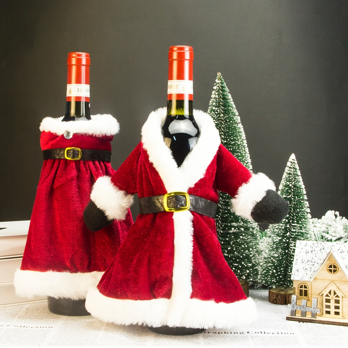 Christmas Holiday Decor Set with Gold Velvet Wine Bottle Cover and Plush Wine Bag