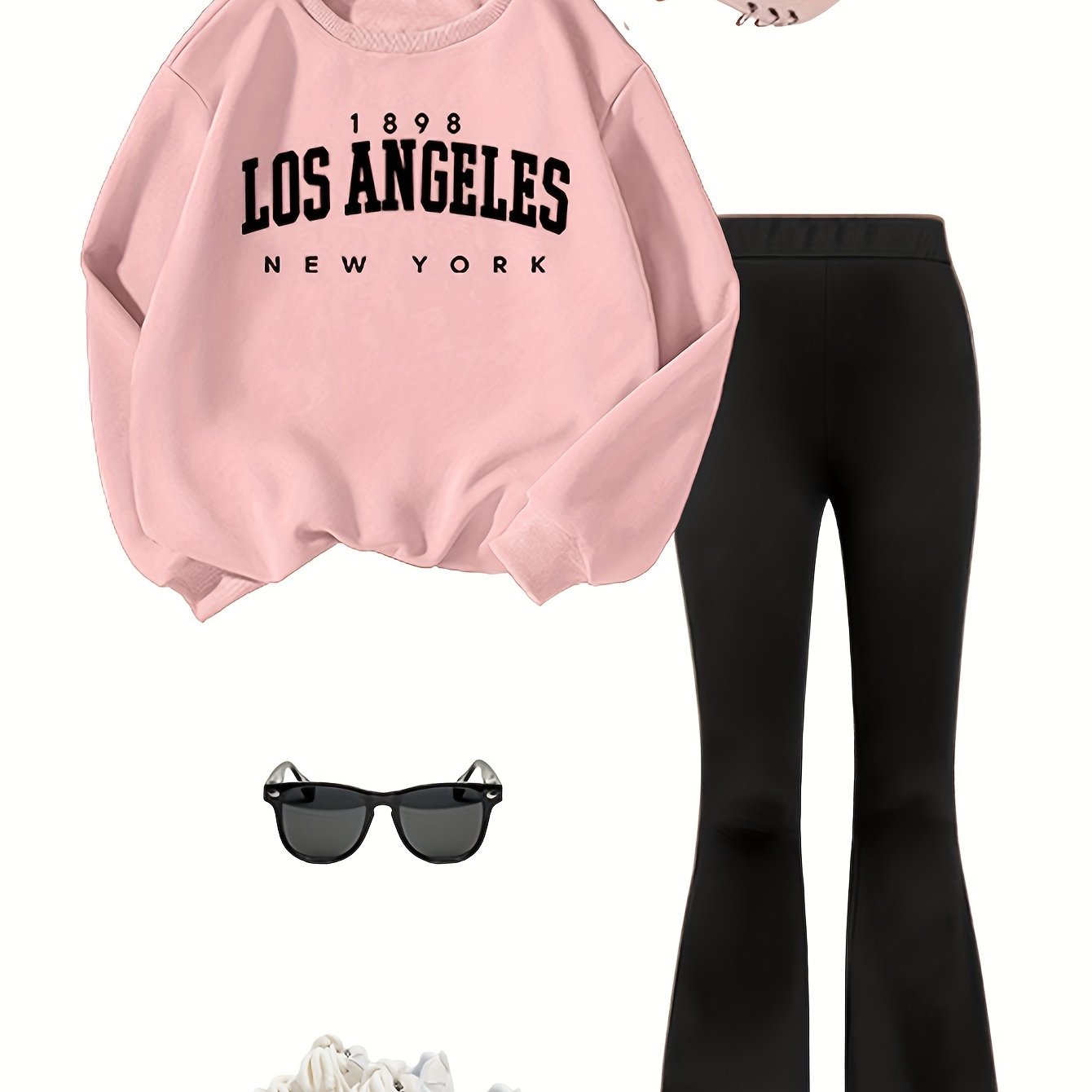 Conjunto de sudadera de manga larga y pantalones acampanados de otoño para niñas con patrón de letras, punto de poliéster, ropa casual para exteriores para niñas mayores de 3 años