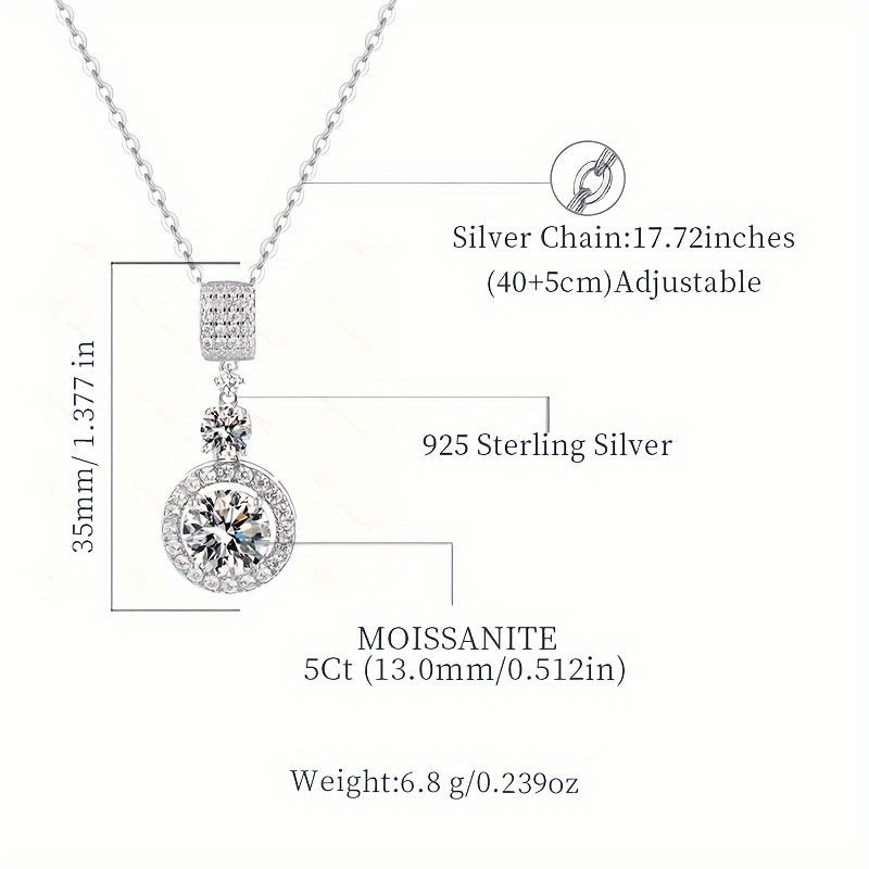 5 Carat Moissanite Pendant Necklace Sterling Silver Wedding Jewelry Gift Box