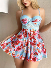 Vestido slip de encaje semi-translúcido para mujer con sujetador incorporado y detalle de lazo