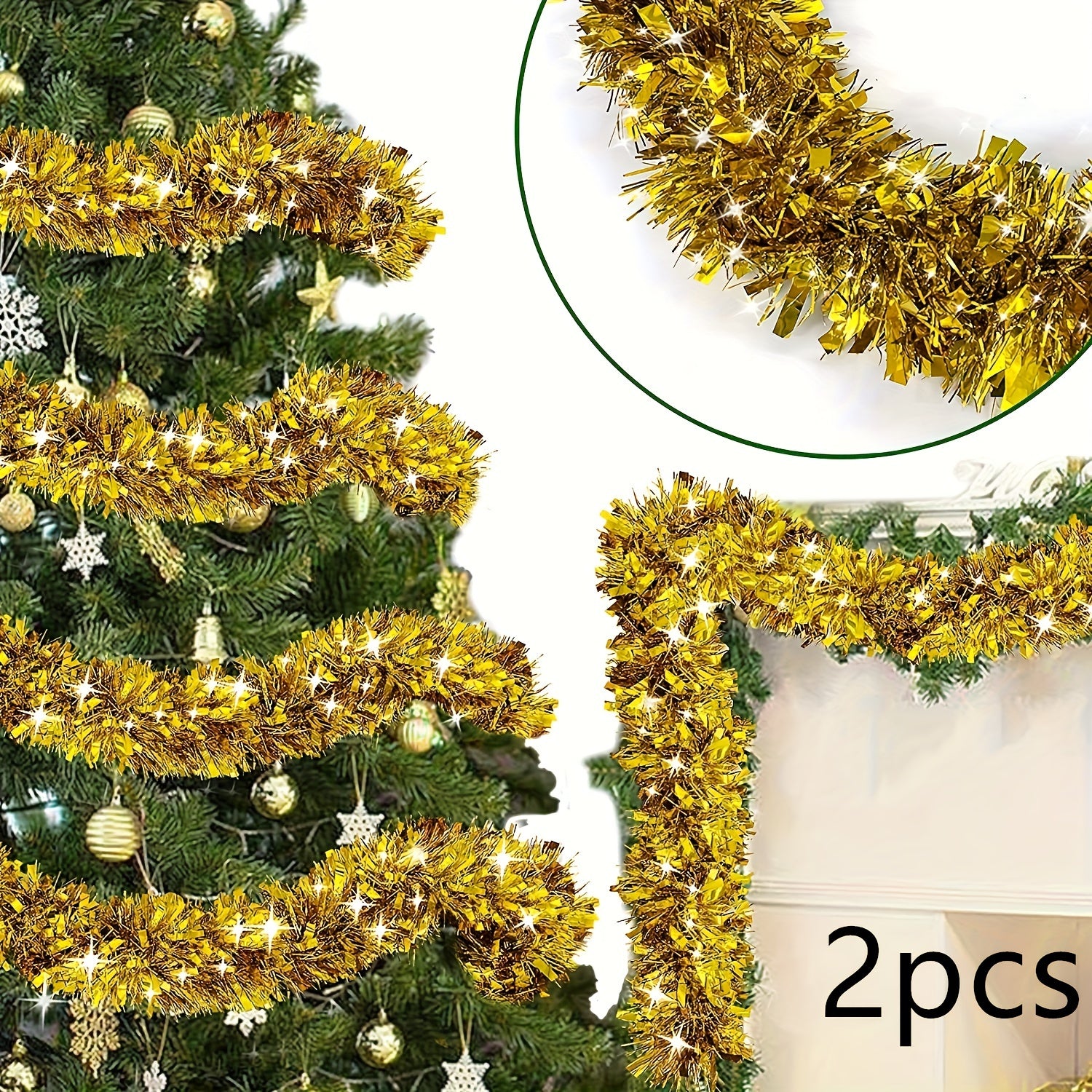 Paquete de 2 guirnaldas de plástico con tinsel para Navidad, decoración interior y exterior