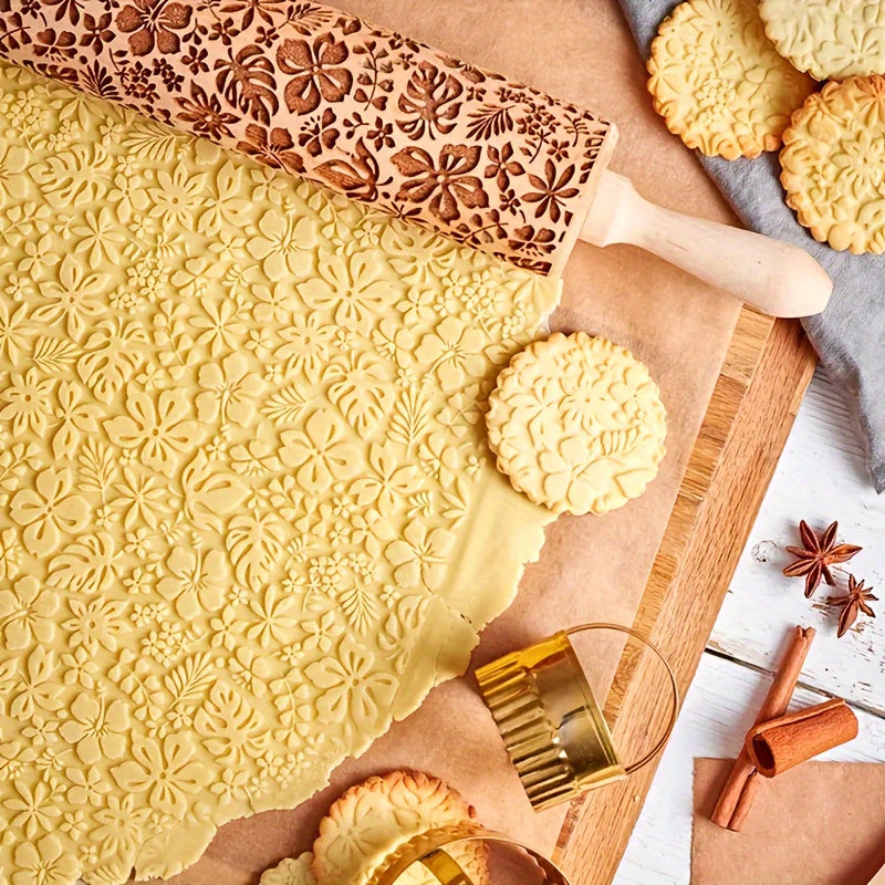 Engraved Floral Wooden Rolling Pin for Biscuit Decorating Kitchen Baking Tool