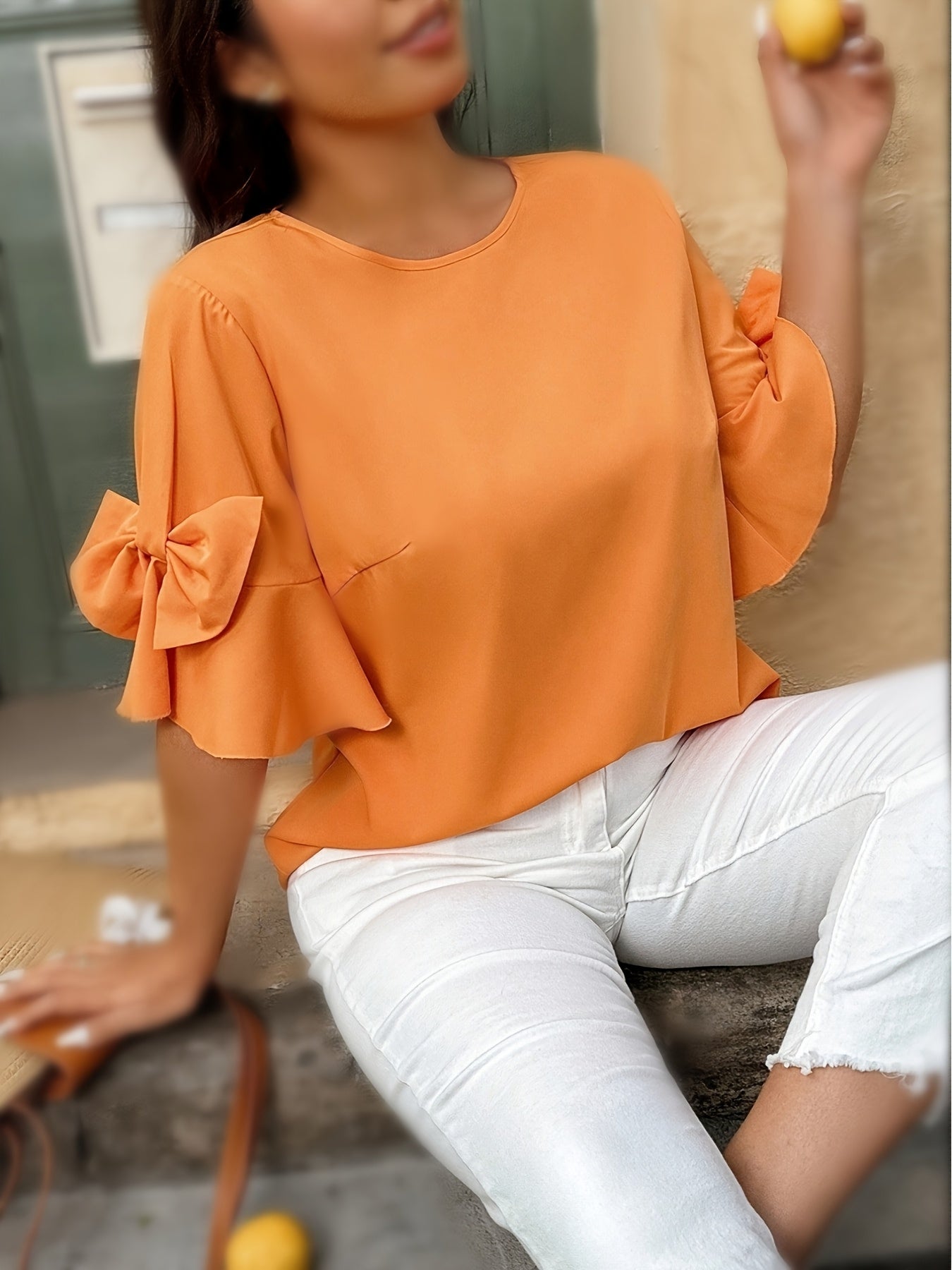 Women's Plus Size Orange Ruffle Sleeve Blouse Casual Summer Top