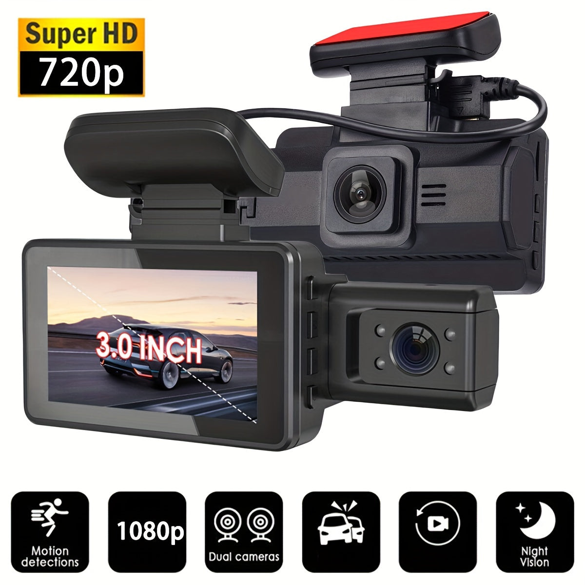 Car Dash Cam with Dual Lens 360° Rotation Parking Surveillance 720p LCD