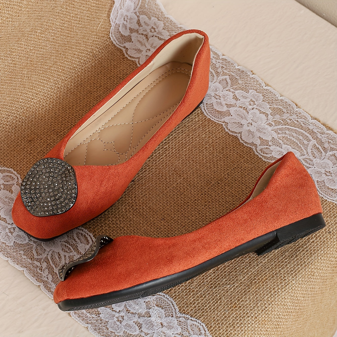 Women's Rhinestone Buckle Flats Solid Color Slip-On Casual Ballet Shoes