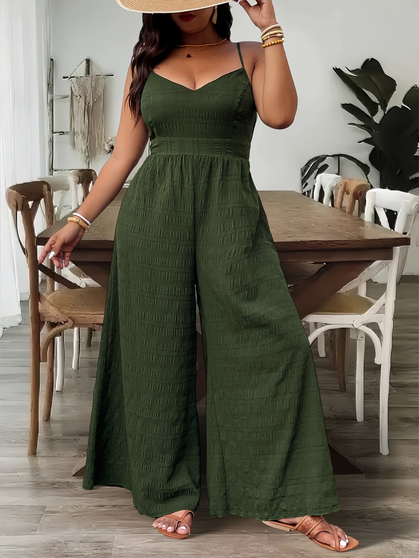 Mono de mujer verde de poliéster con escote en V y pantalones anchos