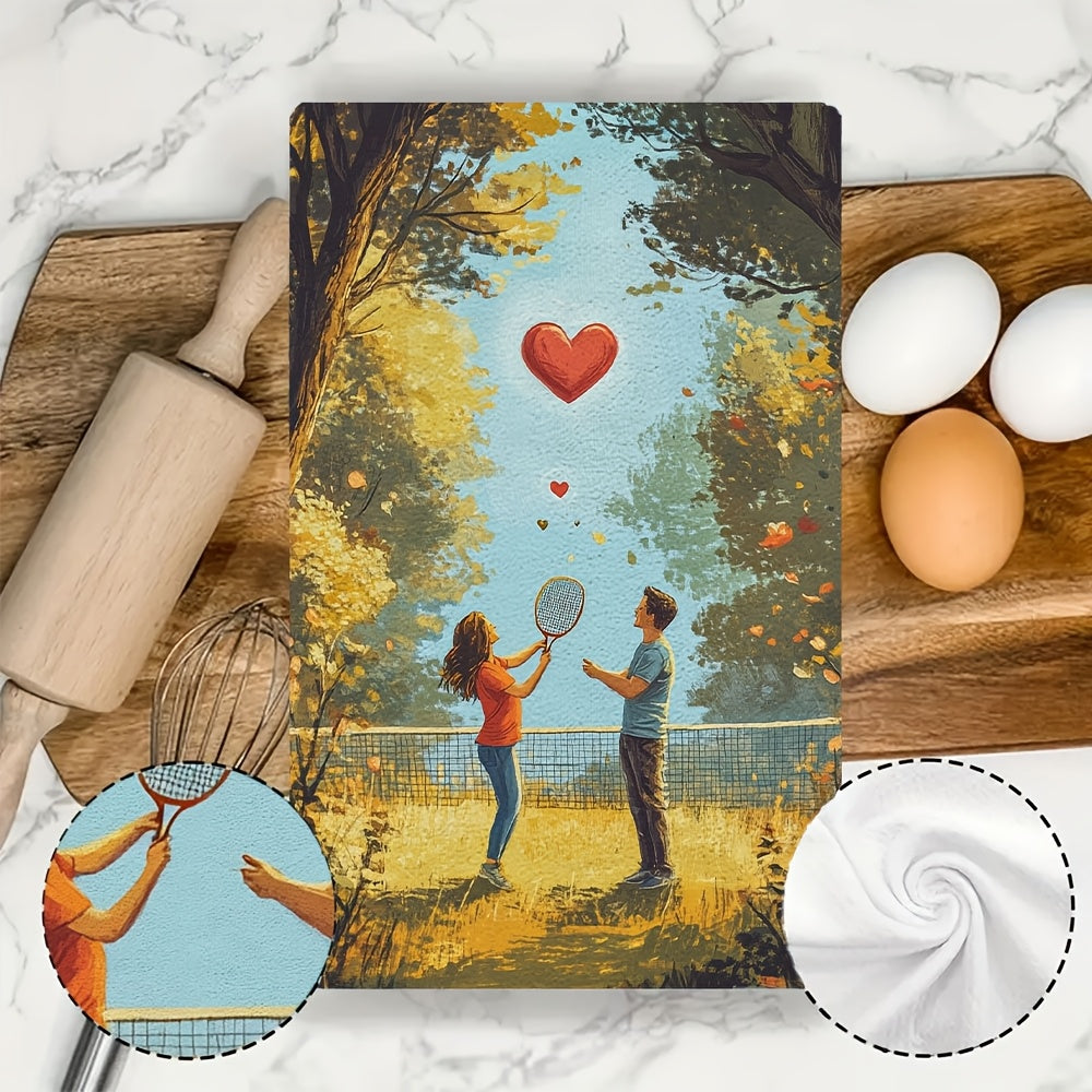 Ultra-Soft Kitchen Towels Absorbent Dish Towels with Park Couple Playing Badminton