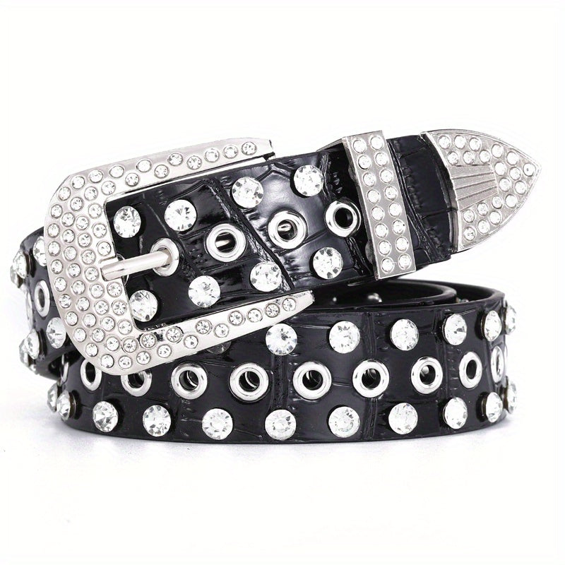 Hollow Out Rhinestone Belt for Women and Men Sparkling PU Leather Cowboy Waist Belt