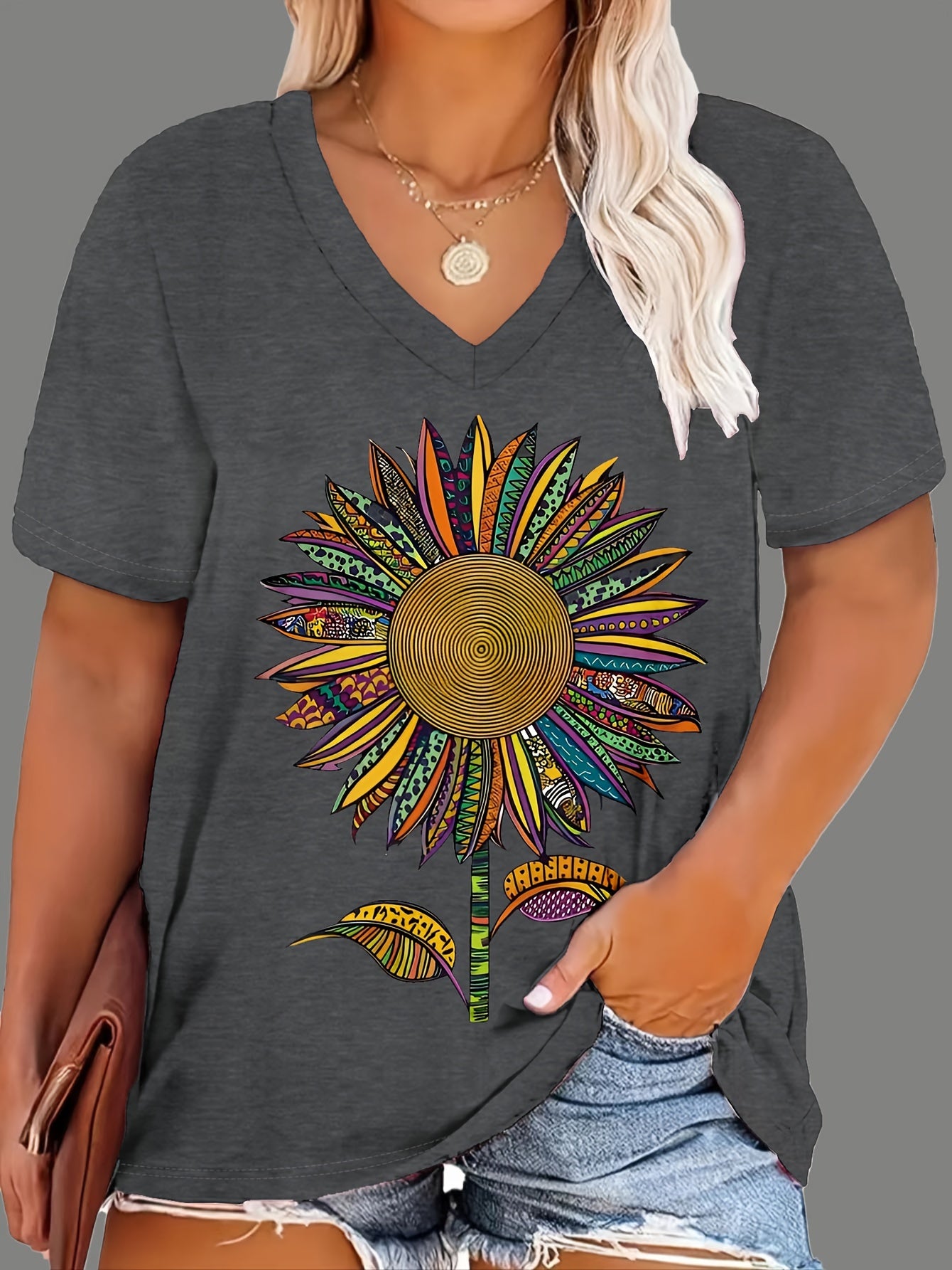 Women's Plus Size Plant Print Loose Casual T-Shirt Summer Top 1-8XL