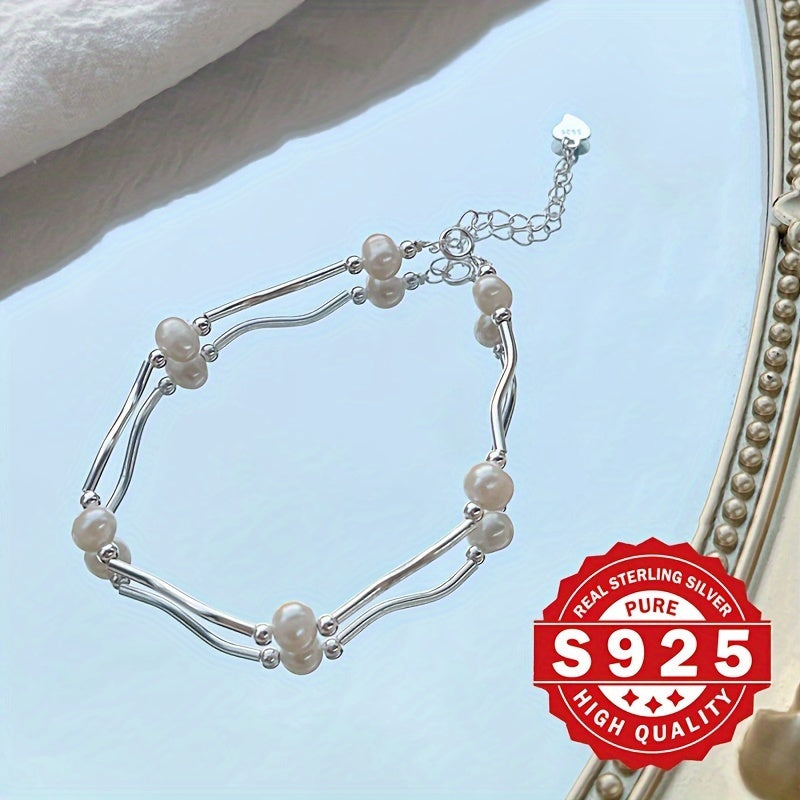 Women's Pearl Bracelet with 925 Silver and Freshwater Pearls for Gift or Everyday Wear