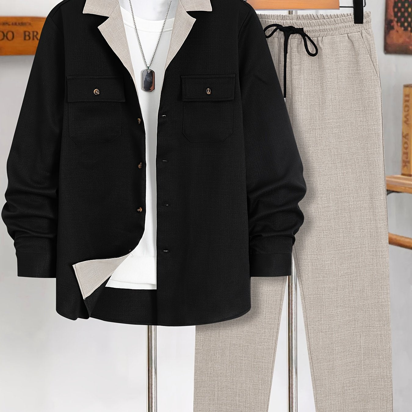 Men's Plus Size Olive Green Blazer Set Polyester Casual Button-Up Jacket with Pockets and Black Pants for Spring and Autumn