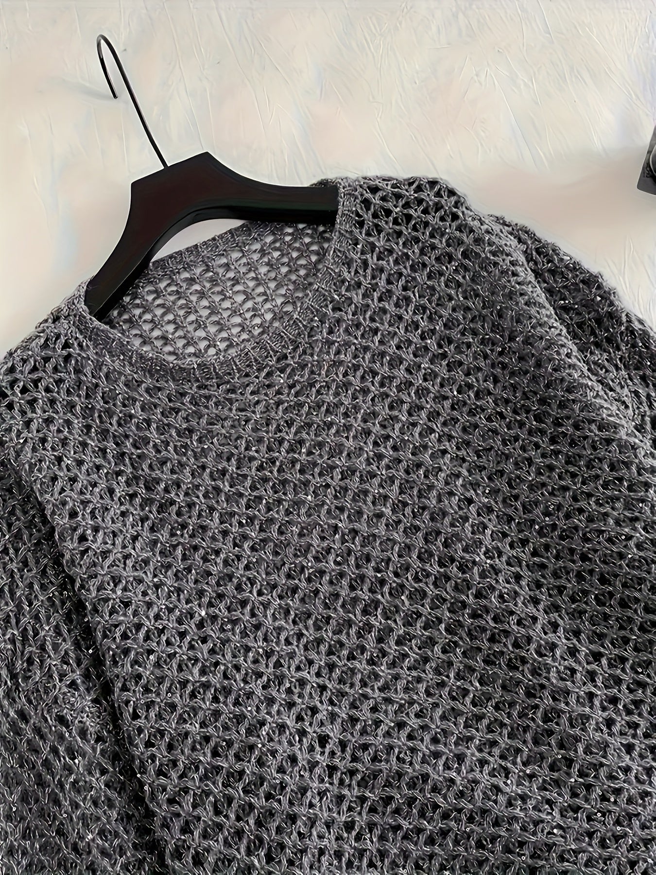 Women Plus Size Light Gray Crochet Sweater Long Sleeve Round Neck Pullover