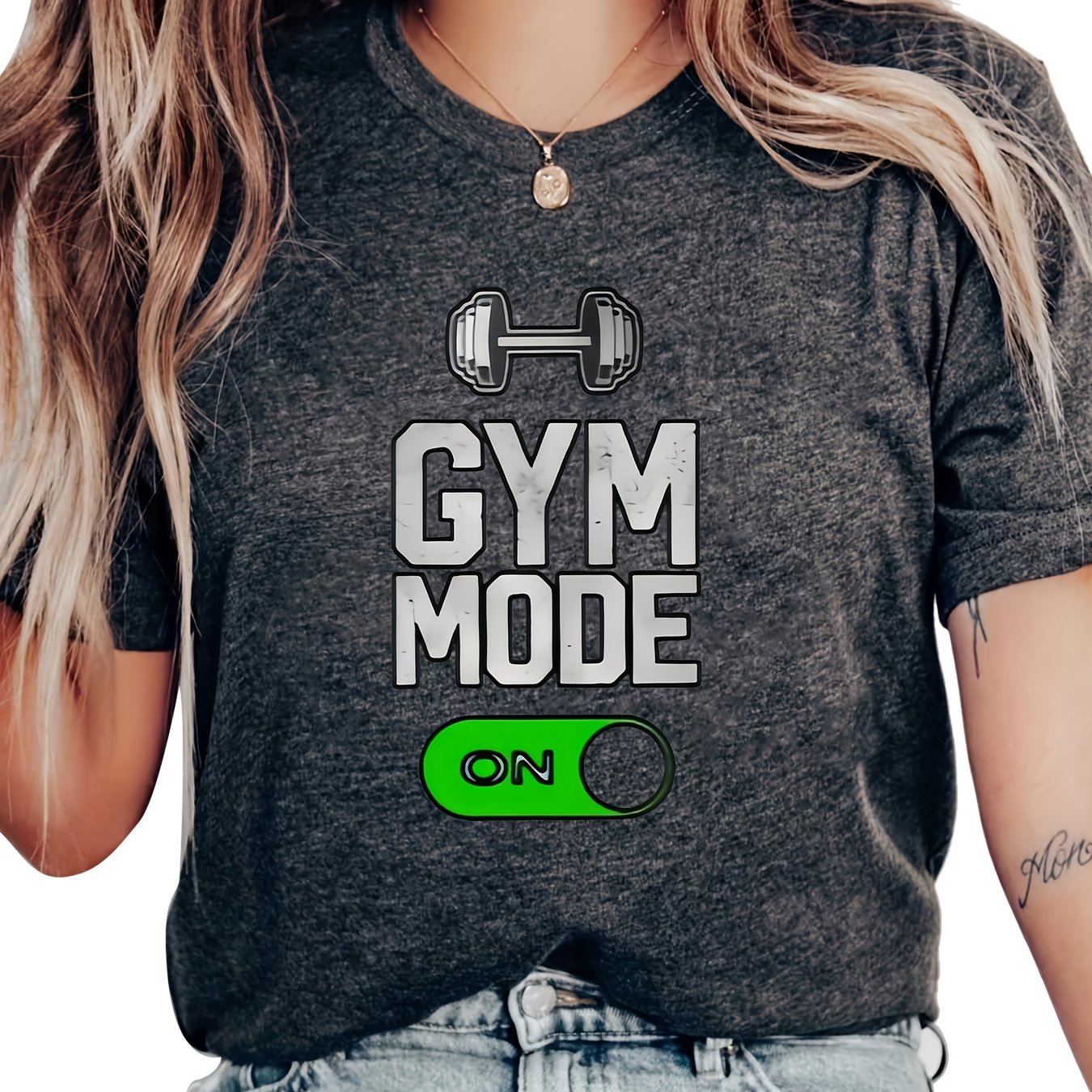 Women's Plus Size Gray Gym Graphic Print T-Shirt with Dumbbell Design