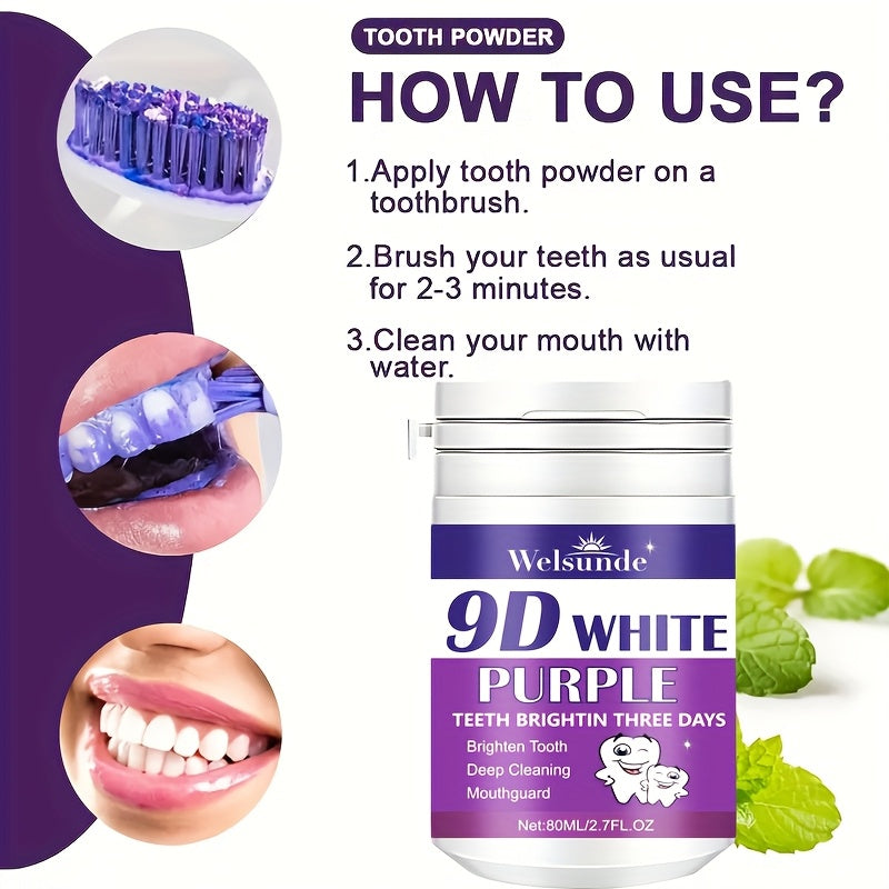 9D White Purple Tooth Powder Deep Cleans Brightens Breath 80g